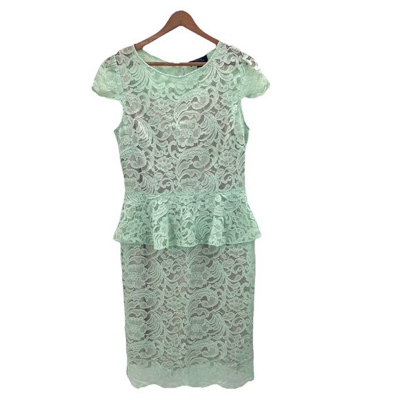 Tahari Mint Green Lace Cap Sleeve Peplum Sheath Dress Womens 8 - Picture 1 of 5